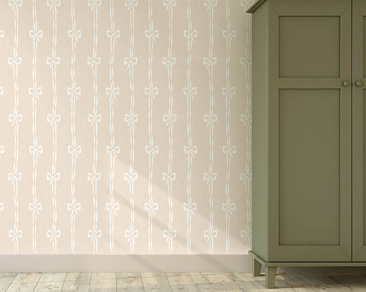 Woodchip & Magnolia Bow Peep Wallpaper in a bebdroom