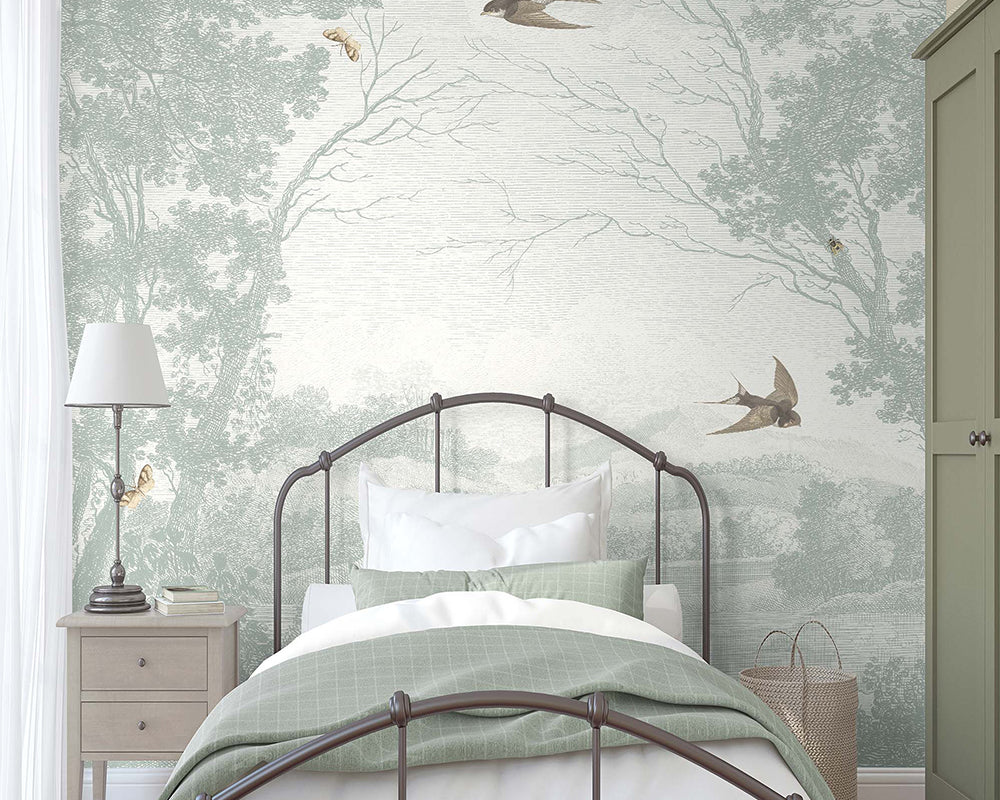 Woodchip & Magnolia Zephyr Mural Wallpaper in a bedroom