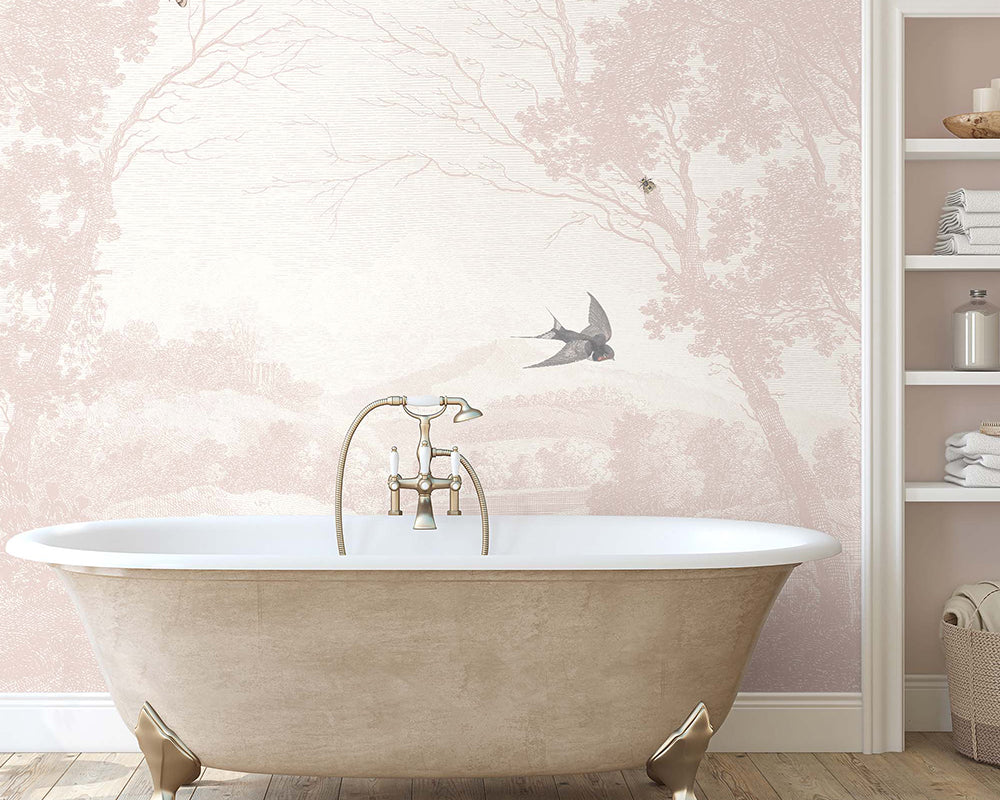 Woodchip & Magnolia Zephyr Mural Wallpaper in a bathroom