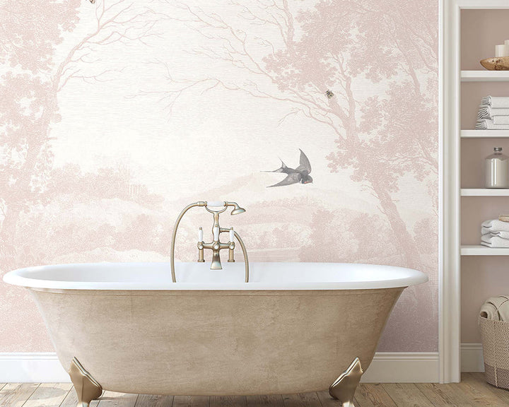 Woodchip & Magnolia Zephyr Mural Wallpaper in a bathroom