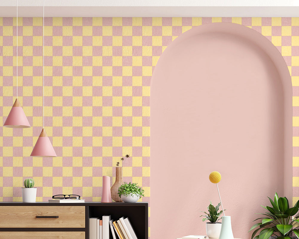 Woodchip & Magnolia Battenberg Wallpaper in a living space