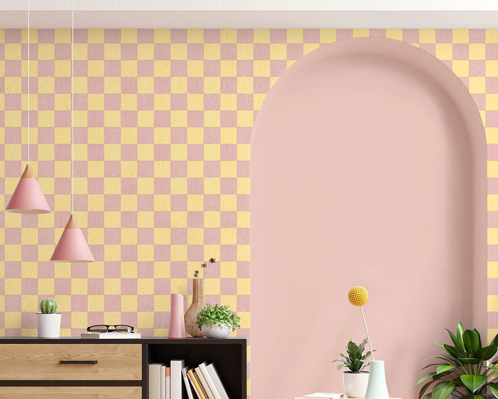 Woodchip & Magnolia Battenberg Wallpaper in a living space