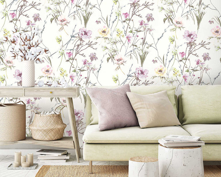 Woodchip & Magnolia Maytime Wallpaper in a living room