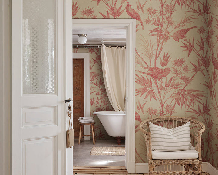 Sandberg Celeste Mural Wallpaper in a bedroom and bathroom combo