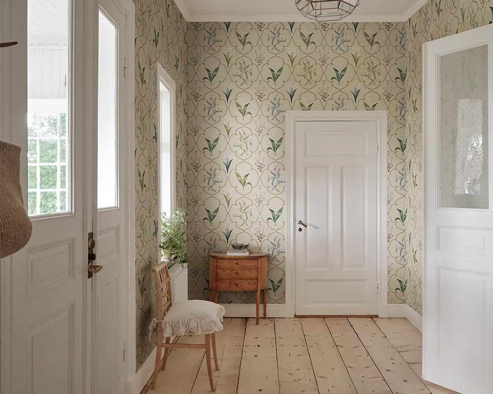 Sandberg Louise Mural Wallpaper in a hallway