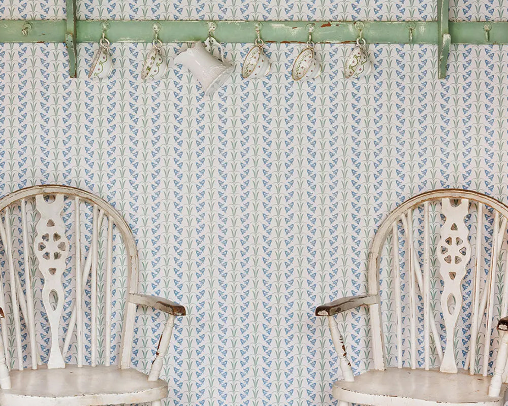 Barneby Gates Bluebells Wallpaper in Blue/Green in a kitchen