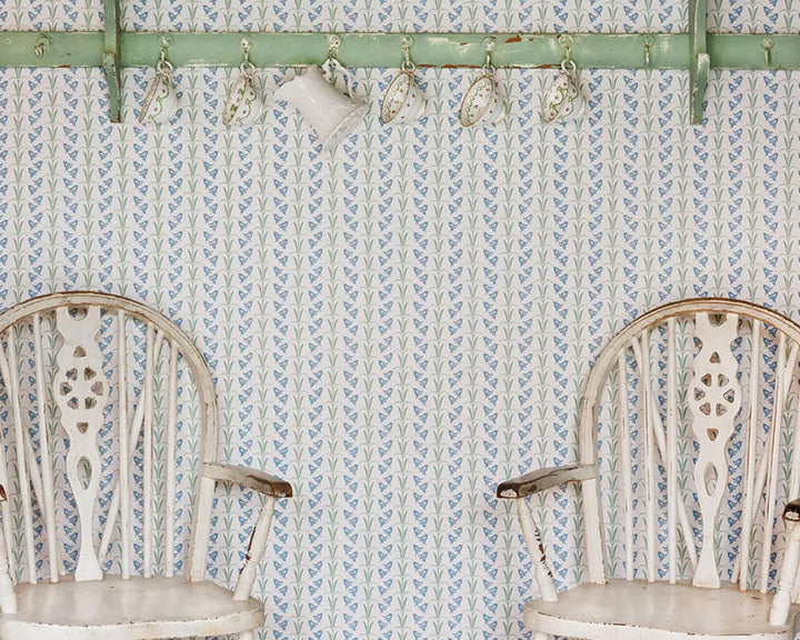Barneby Gates Bluebells Wallpaper in Blue/Green in a kitchen