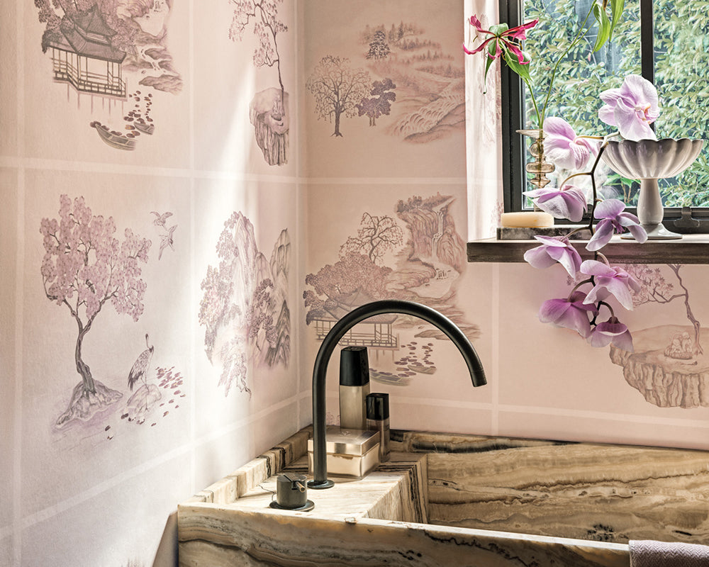 Cole & Son Tile Toile in Pink in a bathroom