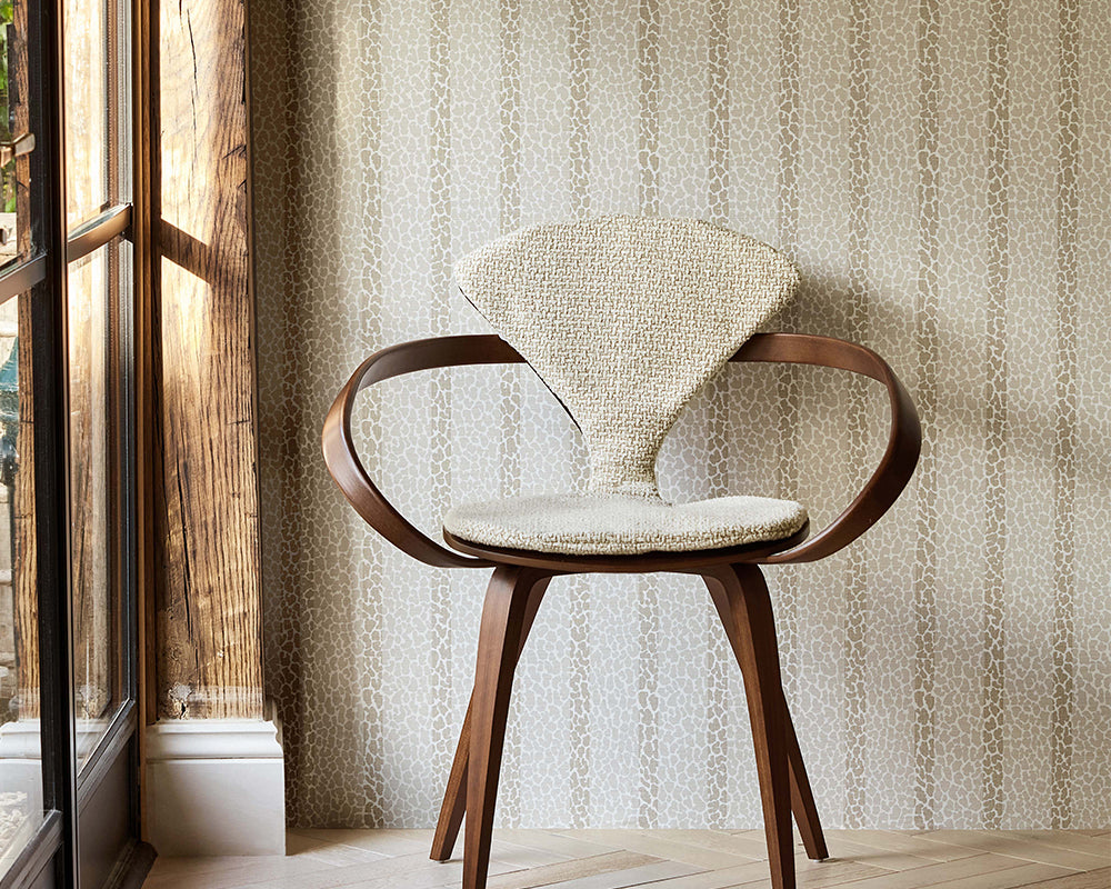 Harlequin Lacuna Stripe Wallpaper in Linen in a living room