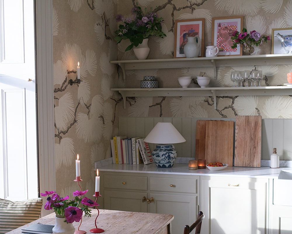 Sandberg Pine Mural Wallpaper in a kitchen