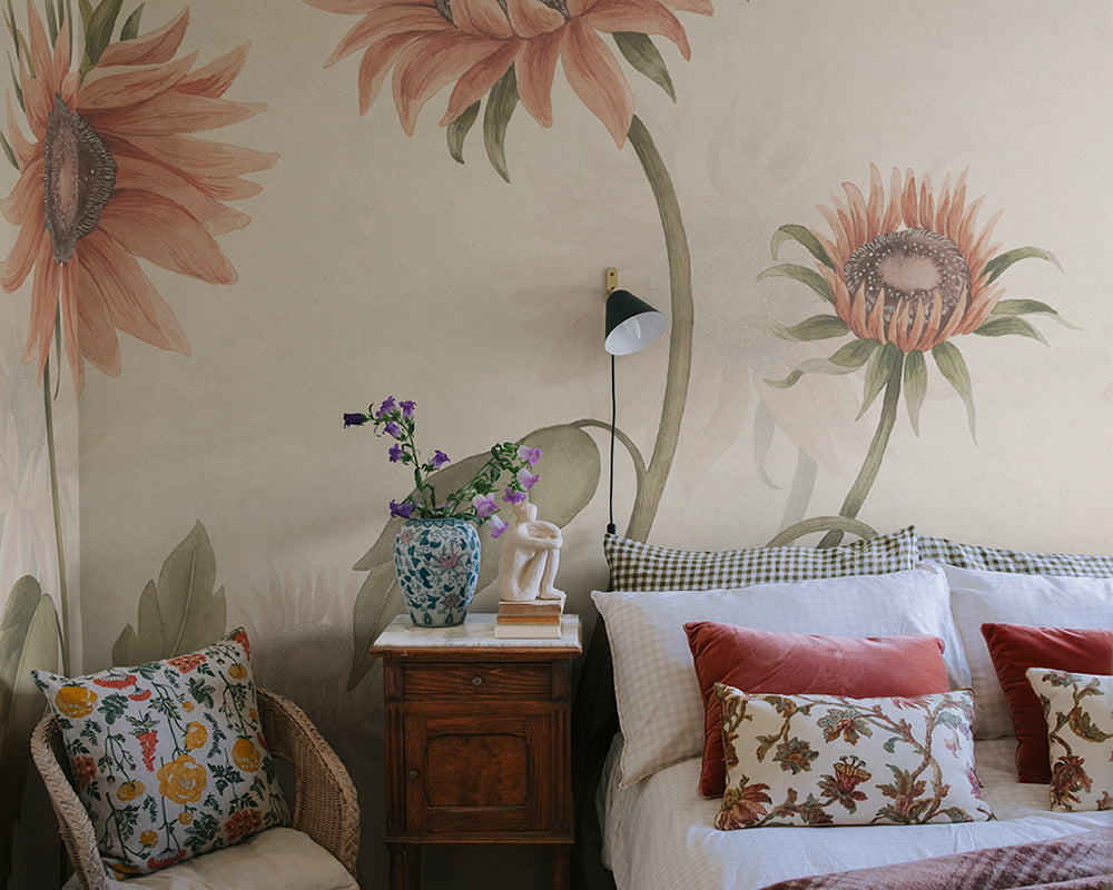 Sandberg Sunflowers Wallpaper in a bedroom