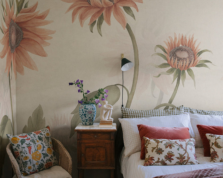 Sandberg Sunflowers Wallpaper in a bedroom
