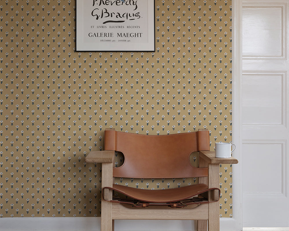 Sandberg Betty Wallpaper in Honey with a chair