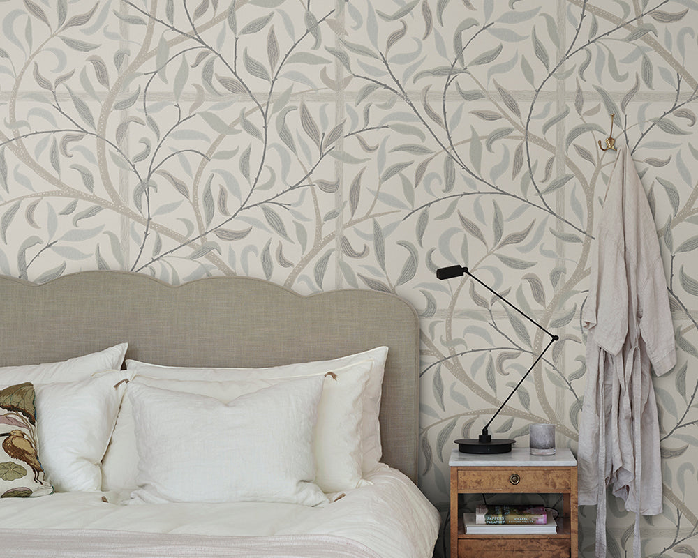 Sandberg Emmie Wallpaper in Sandstone in a bedroom