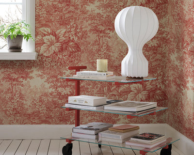 Sandberg Forest Toile Wallpaper in Red in a living room