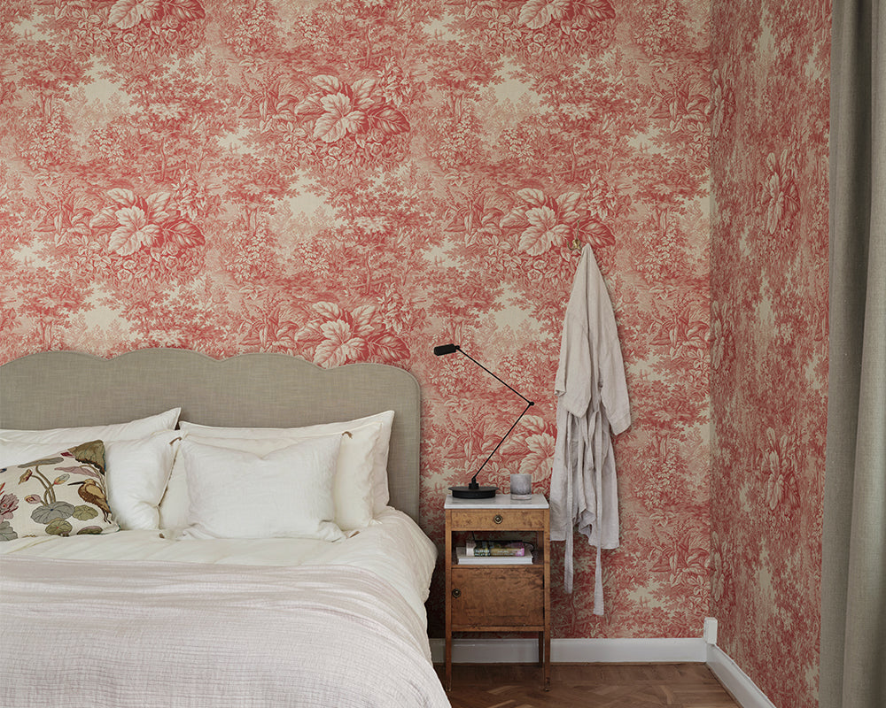 Sandberg Forest Toile Wallpaper in Red in a bedroom