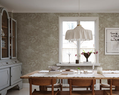 Sandberg Forest Toile Wallpaper in Sandstone in a dinning room