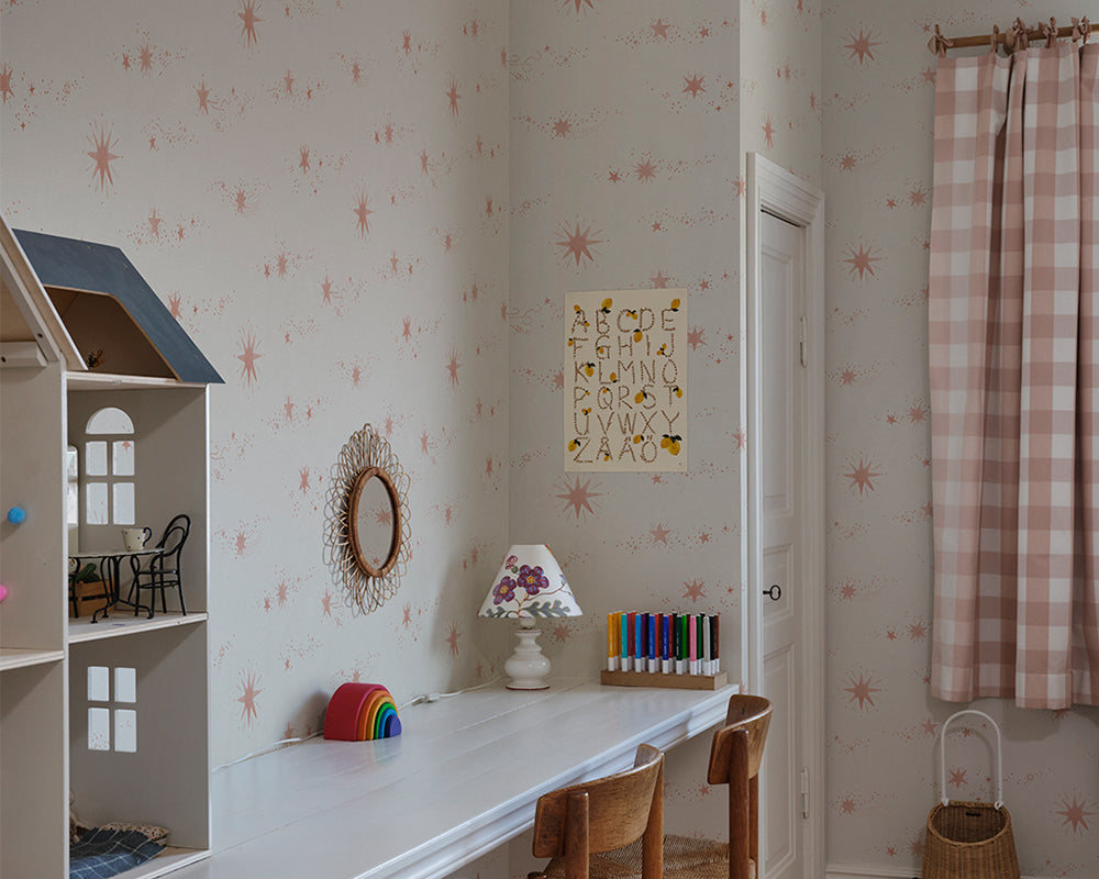 Sandberg Gillis Wallpaper in Pink in a kid bedroom