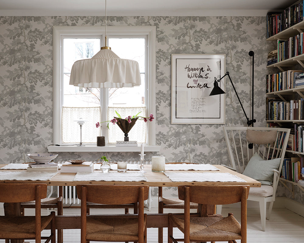 Sandberg Raphael Wallpaper in Light Gray in a dinning room