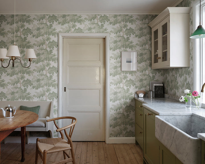 Sandberg Raphael Wallpaper in Light Green in a kitchen