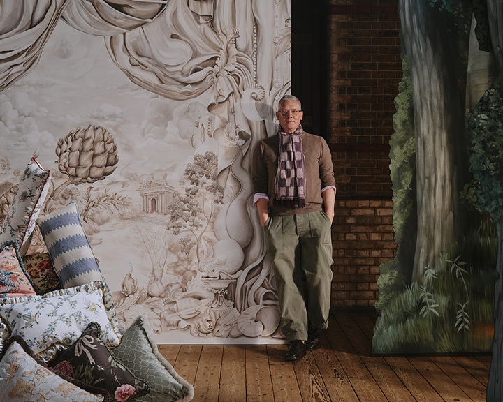 Sanderson Pygmalion Wallpaper in a theatre set up with Giles Deacon
