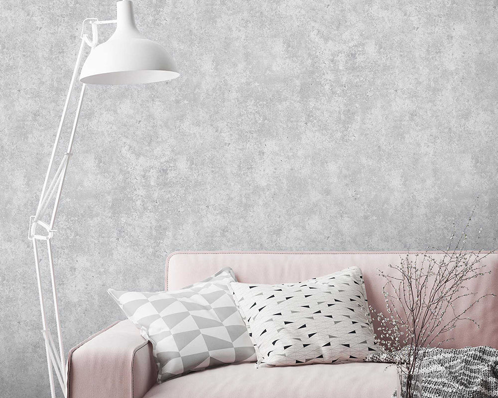 Woodchip & Magnolia Concrete Wallpaper in Grey in a livingroom