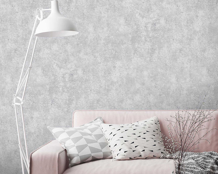 Woodchip & Magnolia Concrete Wallpaper in Grey in a livingroom