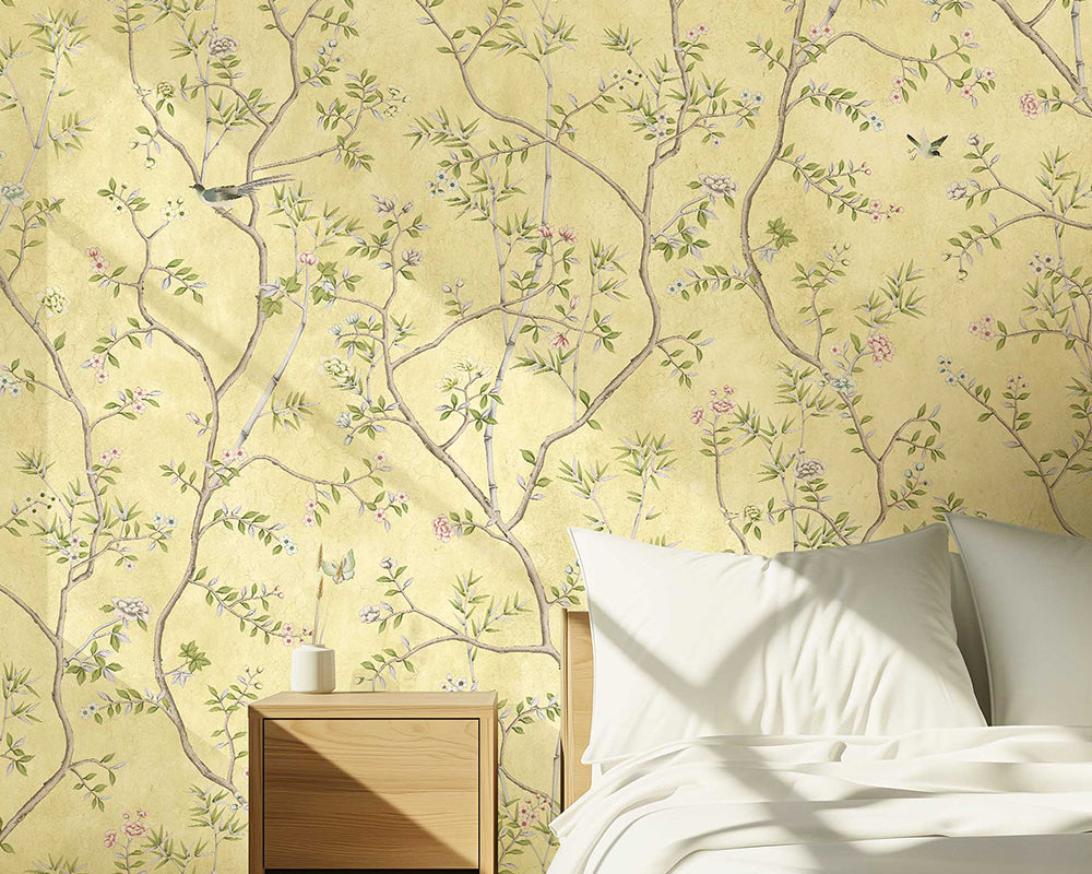 Woodchip & Magnolia Onism Wallpaper in a bedroom