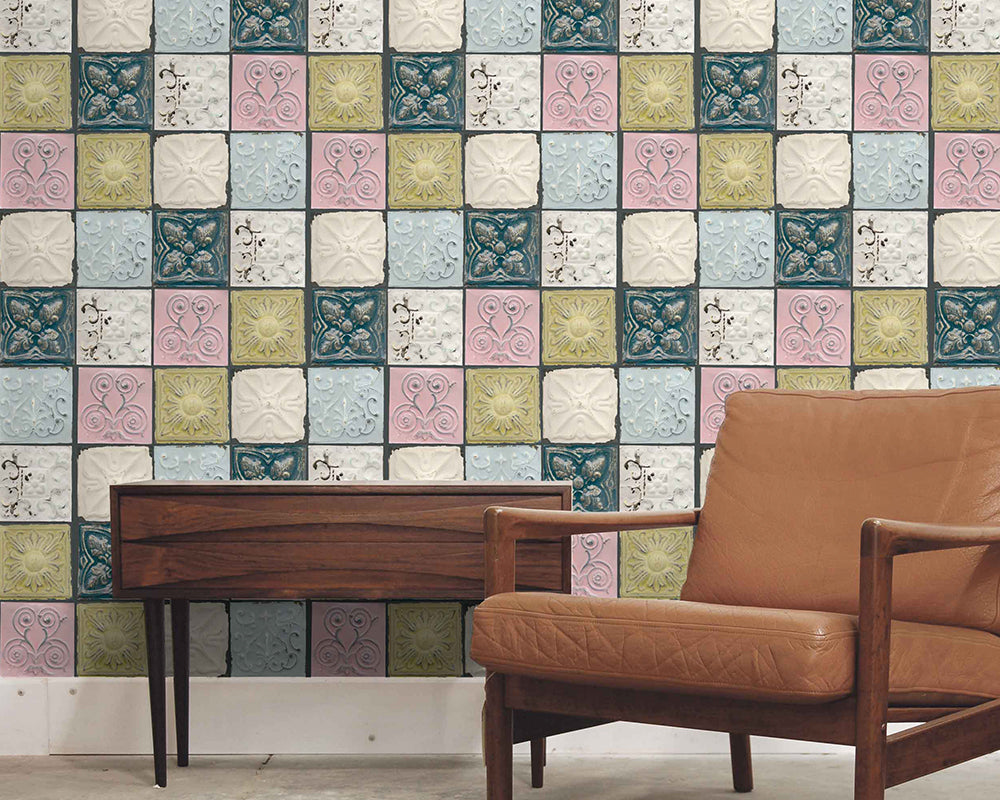 Woodchip & Magnolia Tin Tile Wallpaper in a livingroom