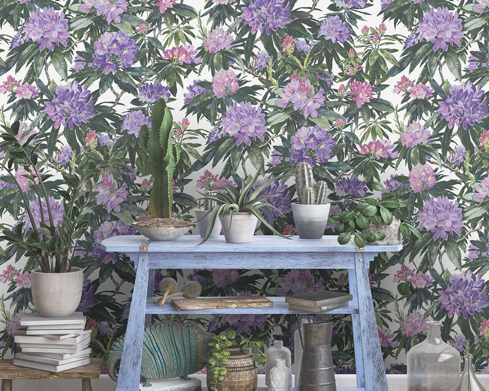 Woodchip & Magnolia Rhododendron Wallpaper in Purple & White in a hallway