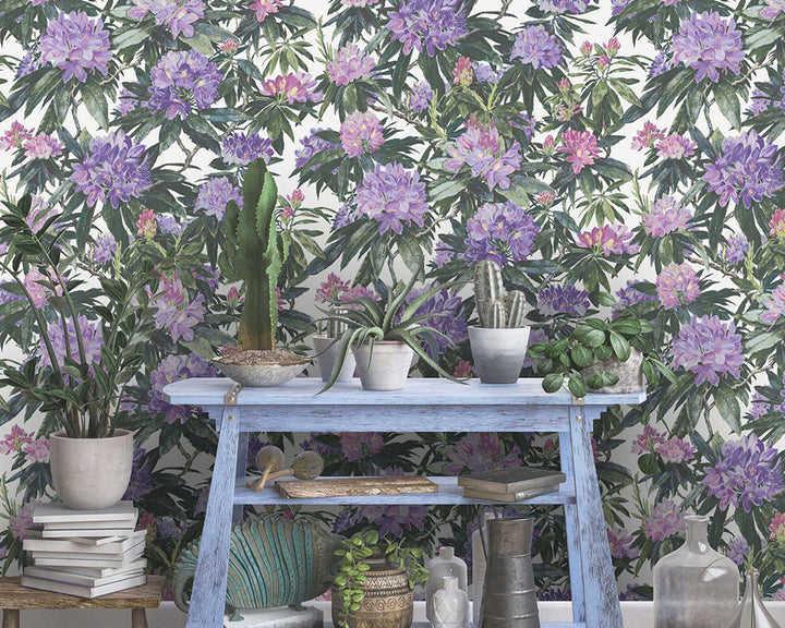 Woodchip & Magnolia Rhododendron Wallpaper in Purple & White in a hallway