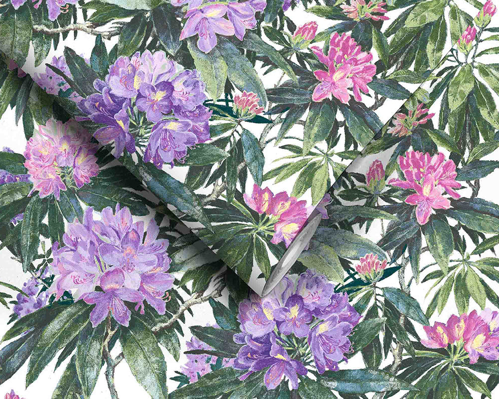 Woodchip & Magnolia Rhododendron Wallpaper in Purple & White roll