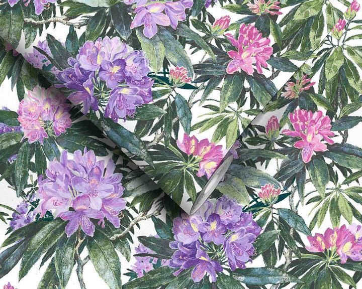Woodchip & Magnolia Rhododendron Wallpaper in Purple & White roll