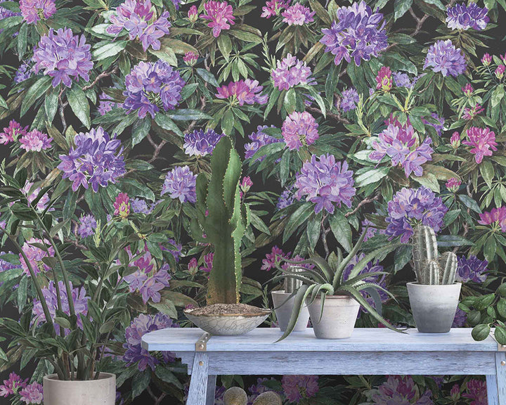 Woodchip & Magnolia Rhododendron Wallpaper in Purple & Black in a hallway detail