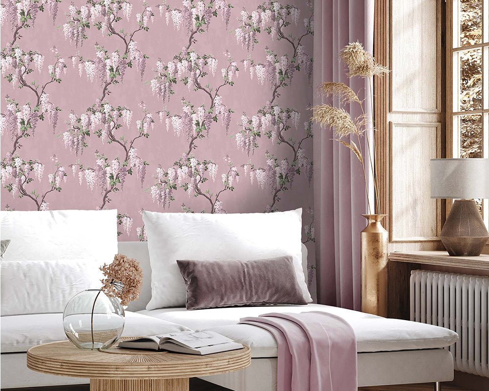 Woodchip & Magnolia Wisteria Wallpaper in a living room
