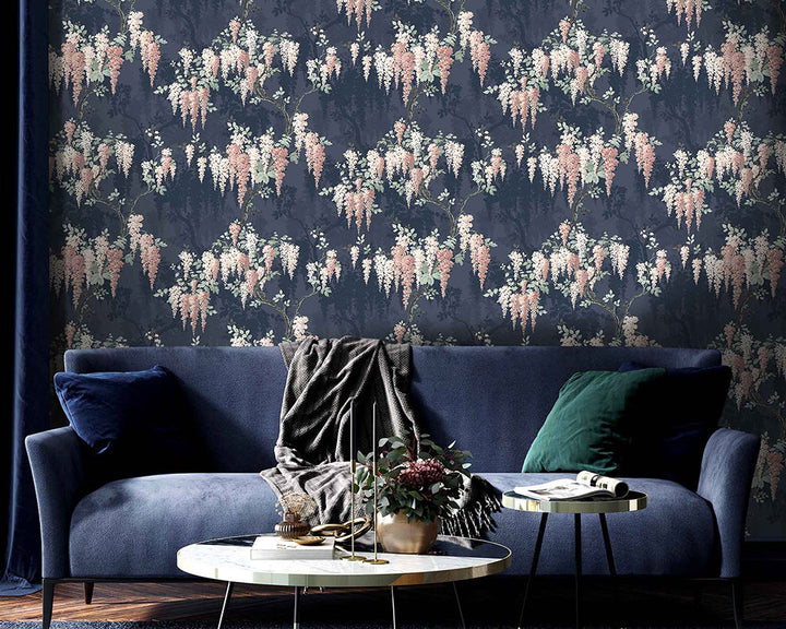 Woodchip & Magnolia Wisteria Wallpaper in a living room