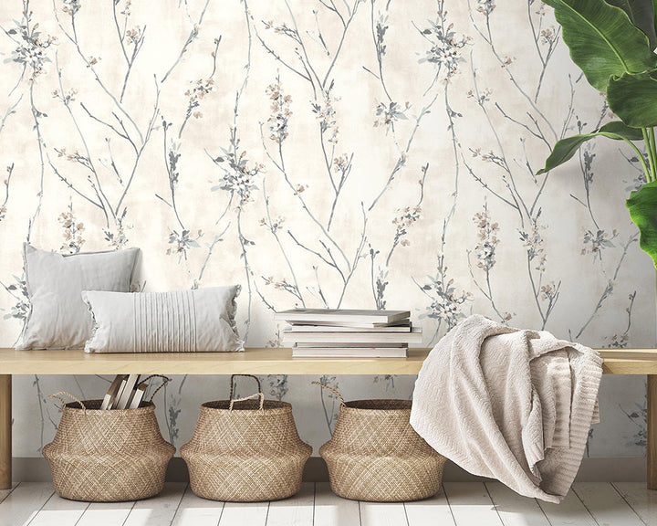 Woodchip & Magnolia Blossom Wallpaper in a living space