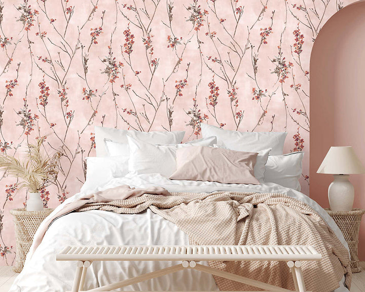 Woodchip & Magnolia Blossom Wallpaper in a bedroom