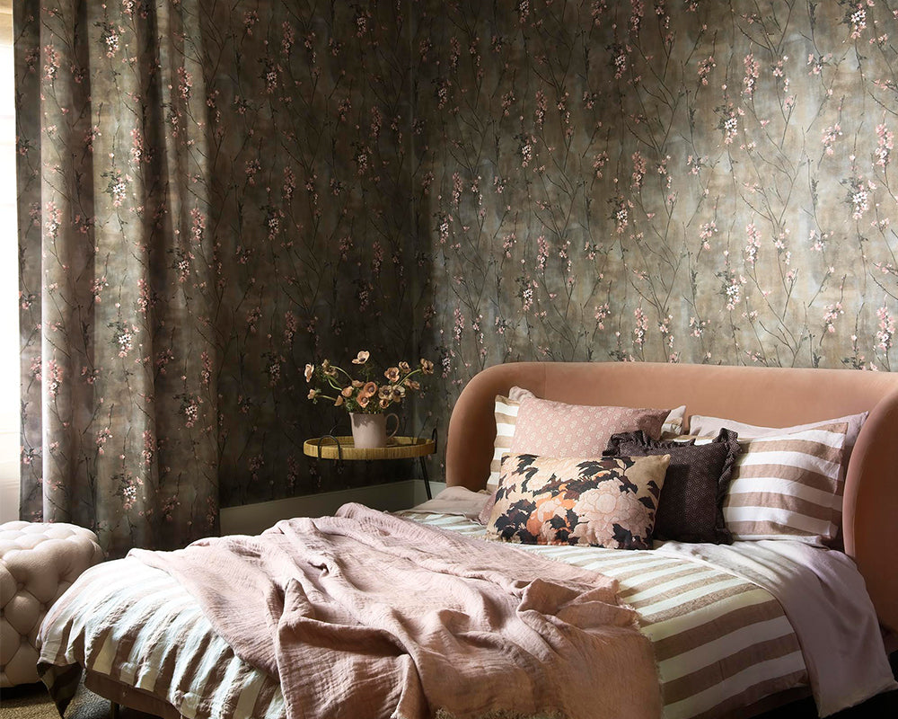 Woodchip & Magnolia Blossom Wallpaper in a bedroom