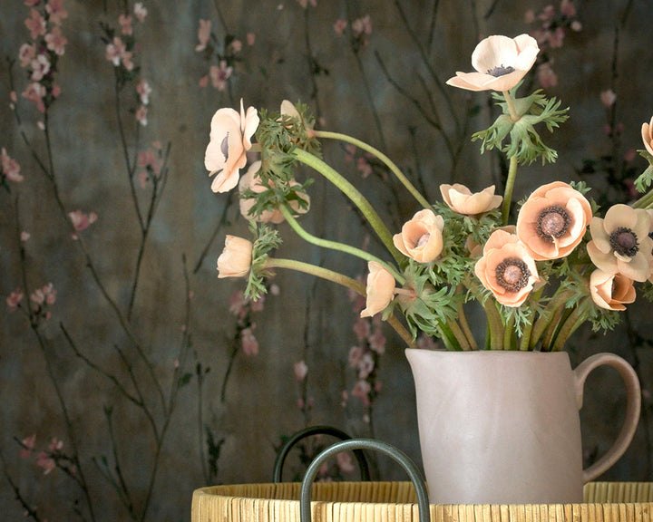 Woodchip & Magnolia Blossom Wallpaper detail with flowers