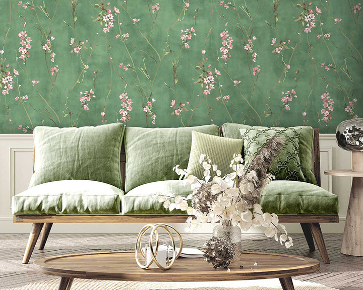 Woodchip & Magnolia Blossom Wallpaper in a living space