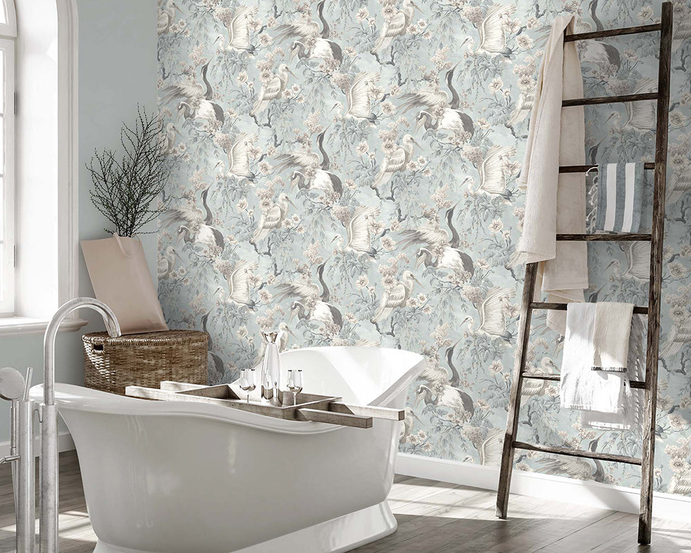 Woodchip & Magnolia Maurice Wallpaper in a bathroom
