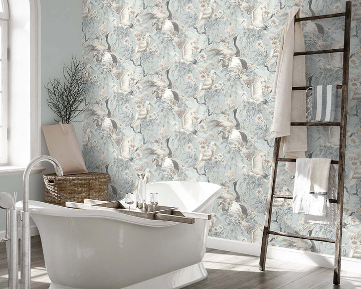 Woodchip & Magnolia Maurice Wallpaper in a bathroom