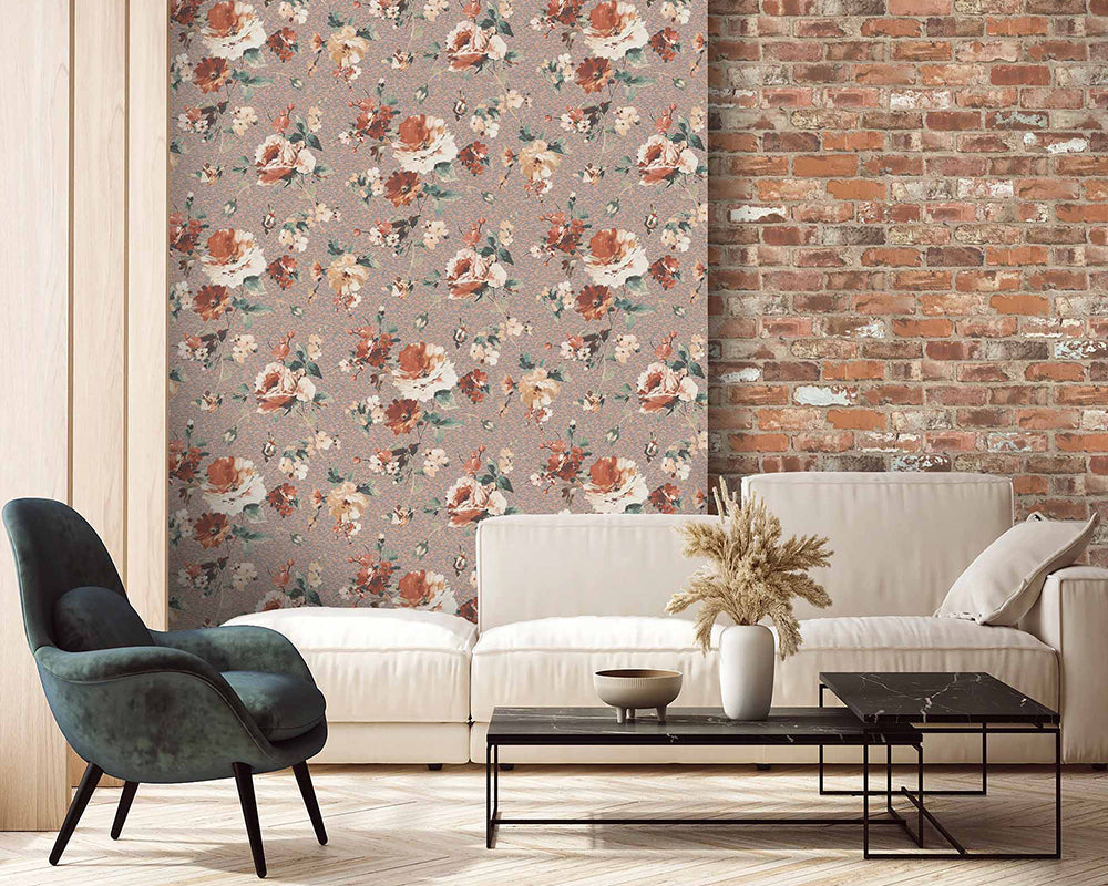 Woodchip & Magnolia Lancashire Rose Wallpaper in a livingroom