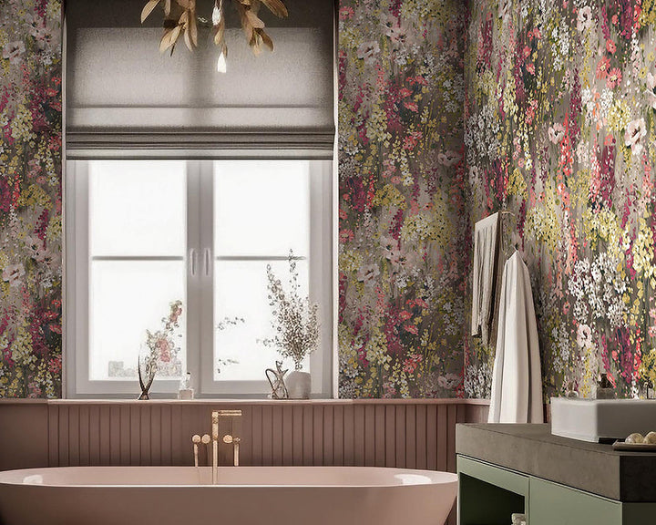 Woodchip & Magnolia Wilderness Wallpaper in a bathroom