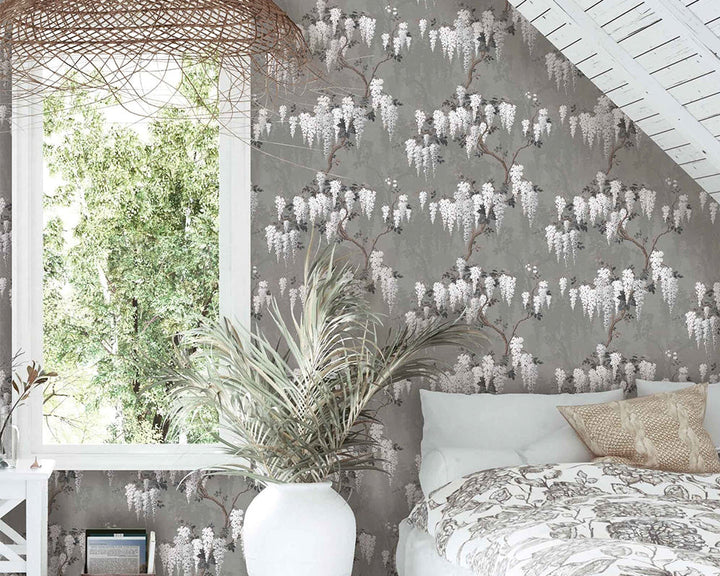 Woodchip & Magnolia Wisteria Wallpaper in a bedroom