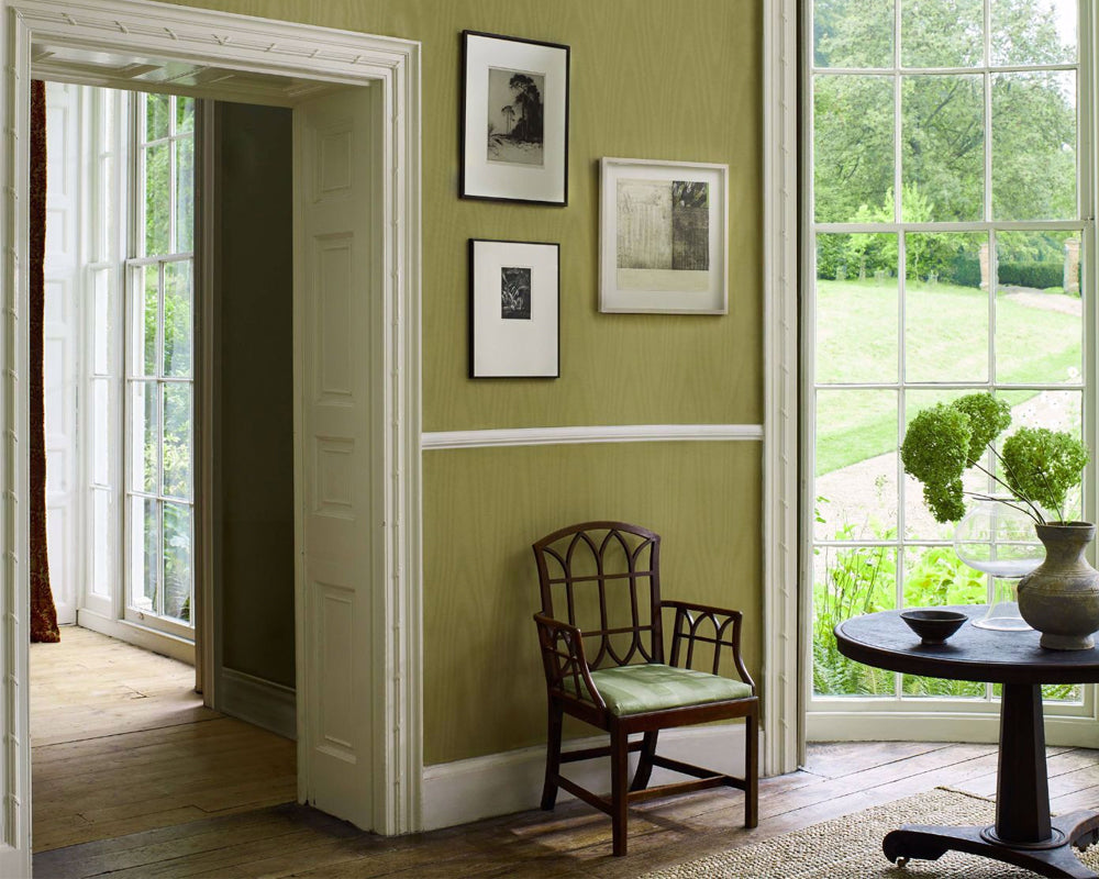 Zoffany Moiré Wallcoverings in Hessian Green in a hallway