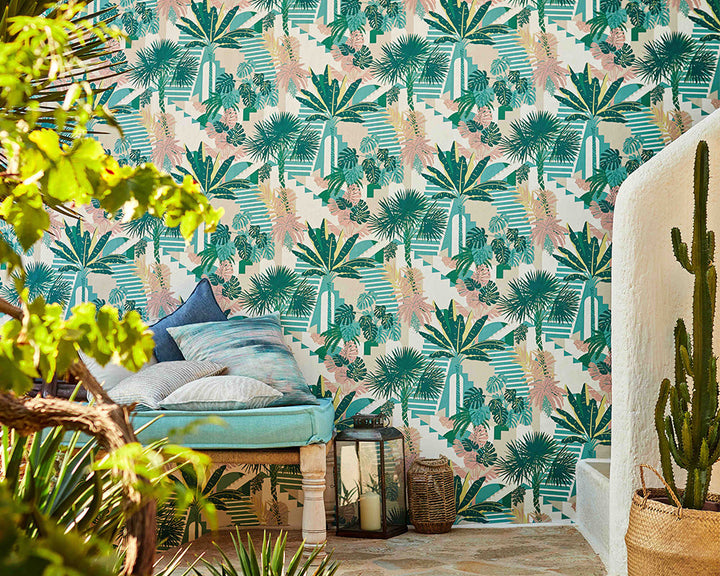 Breegan Jane x Clarke & Clarke Malindi Wallpaper in an outdoor space