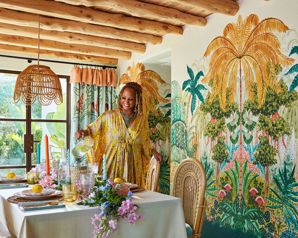Breegan Jane x Clarke & Clarke Mombasa Wallpaper in a dinning area with Breegan Jane