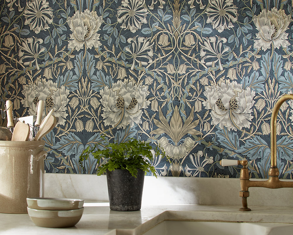 Morris & Co Honeysuckle & Tulip Wallpaper in a kitchen